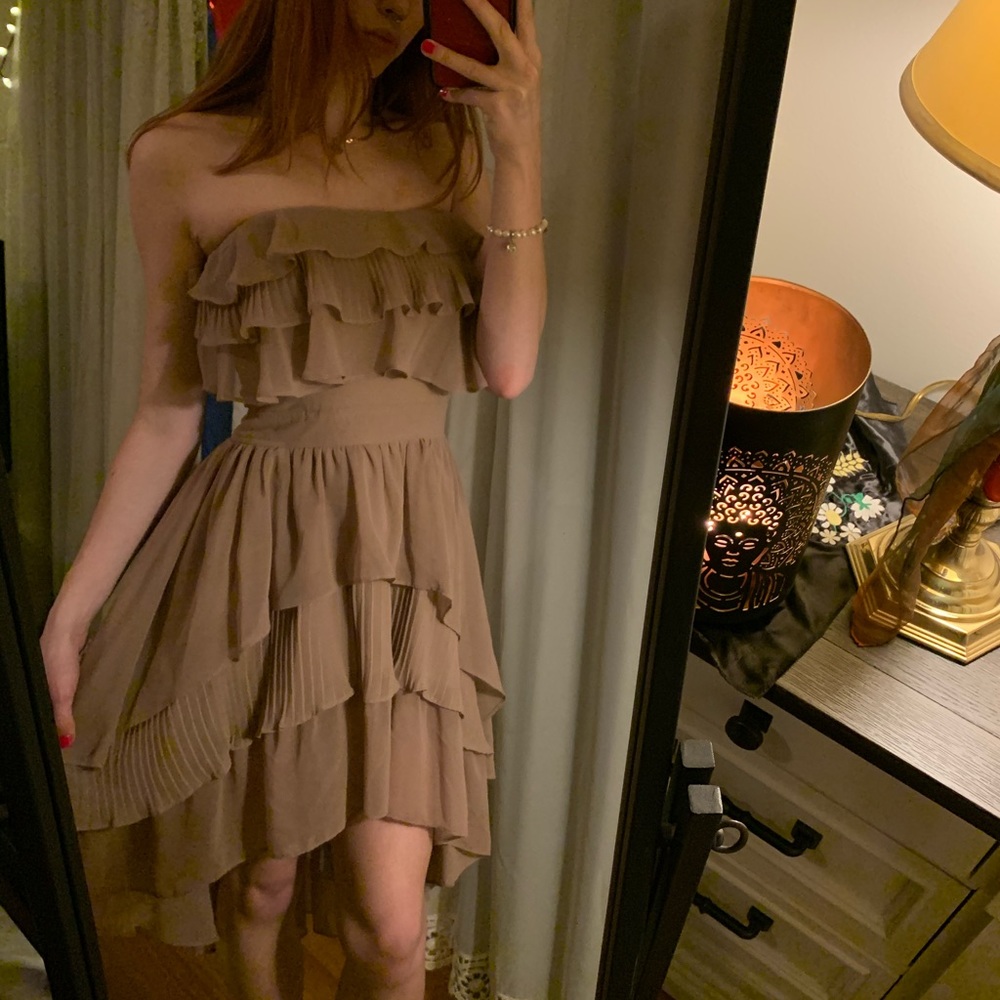 Asymmetrical formal dress.